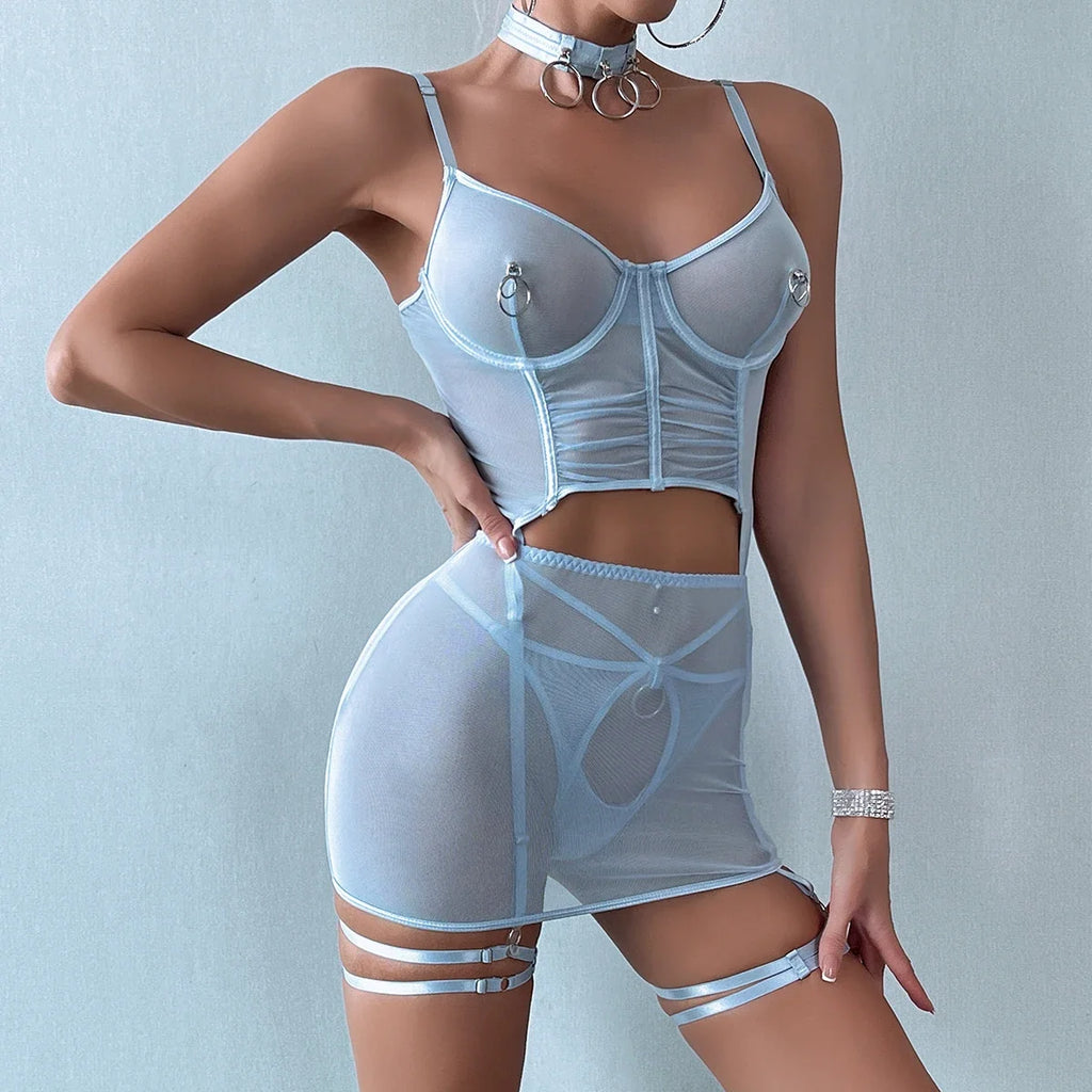 Ruffle Erotic Lingerie Transparent Lace Fancy Underwear Lifting Bolt Sensual Outfit Sheer Mesh Sissy Exotic Sets