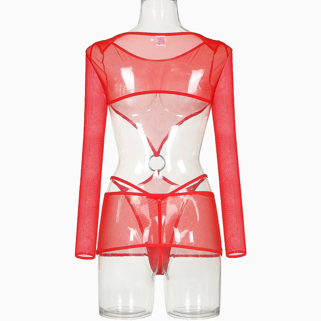 Sensual Lingerie Transparent Babydoll Sheer Mesh Cutout Waist Dress Hot Porn Outfit Uncensored Tulle Erotic Costume