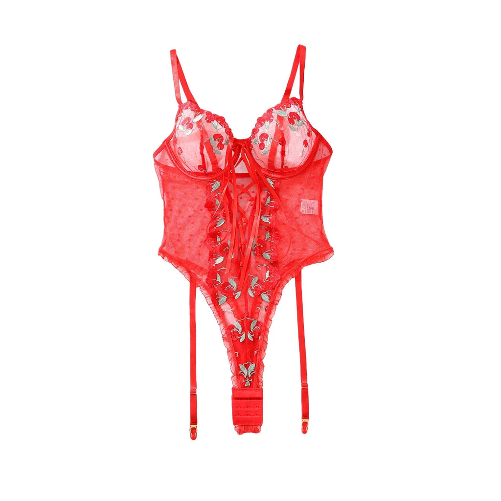 Ellolace Valentine Bodysuit Lingerie Red Lace Body Sissy Open Crotch Hot Sexy Adult Womens Clothing Fancy Floral Lace Up Tights