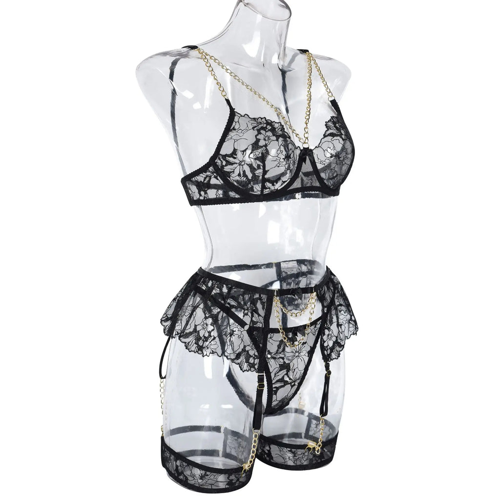Ellolace Lingerie Luxury Lace Female Underwear Sexy Transparent Bra Panty Sets With Chain Fancy See Through Exotic Sets 4-Piece