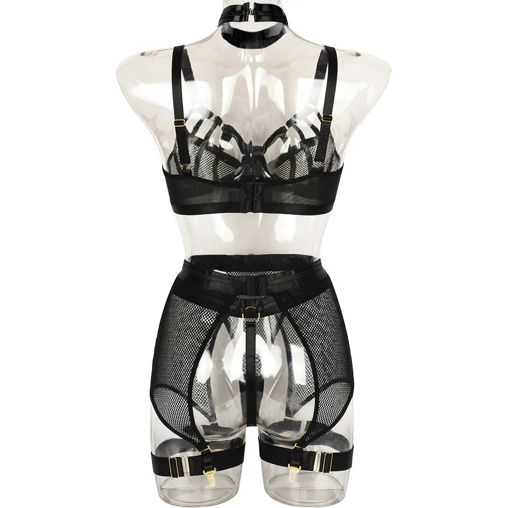 Sexy Hot Lingerie Luxury Hollow Out Exotic Sets With Garters Half Cup See Through Transparent Bra Underwear Women Set