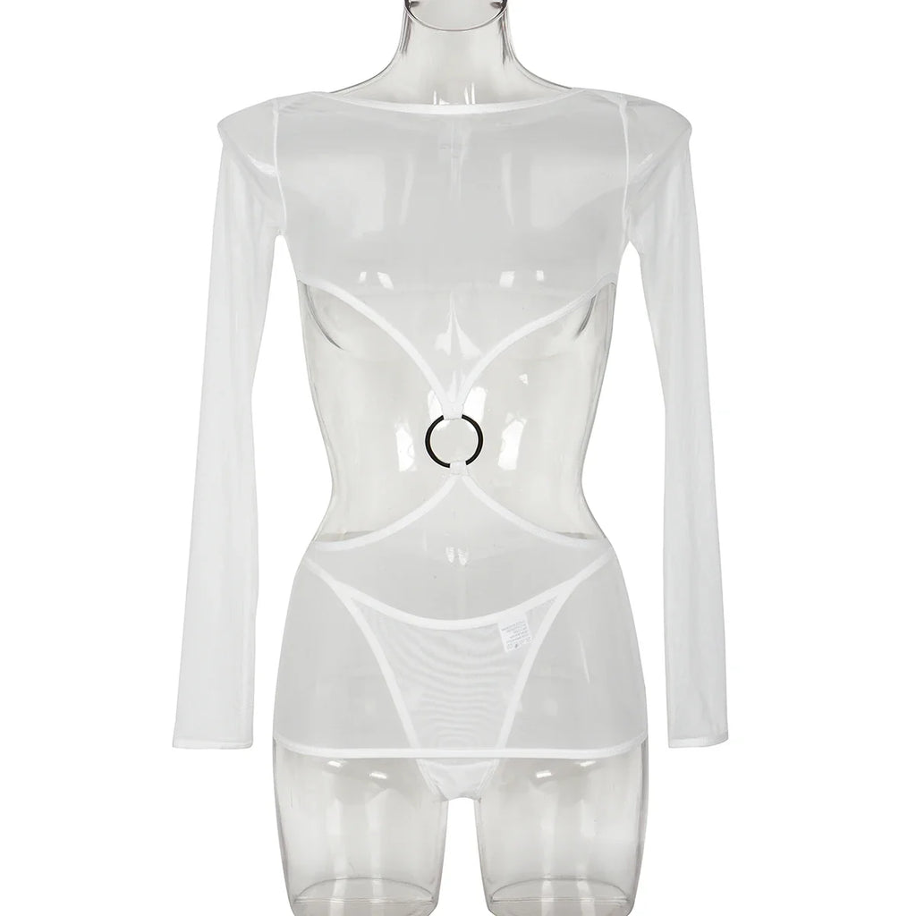 Sensual Lingerie Transparent Babydoll Sheer Mesh Cutout Waist Dress Hot Porn Outfit Uncensored Tulle Erotic Costume