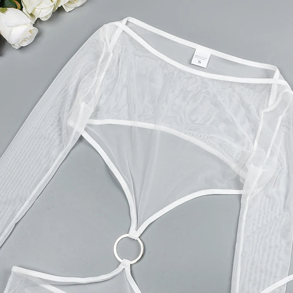 Sensual Lingerie Transparent Babydoll Sheer Mesh Cutout Waist Dress Hot Porn Outfit Uncensored Tulle Erotic Costume