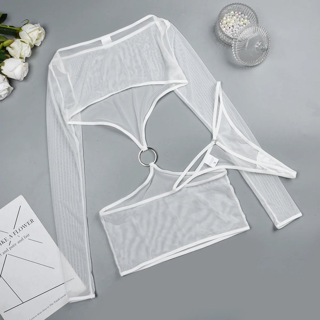 Sensual Lingerie Transparent Babydoll Sheer Mesh Cutout Waist Dress Hot Porn Outfit Uncensored Tulle Erotic Costume