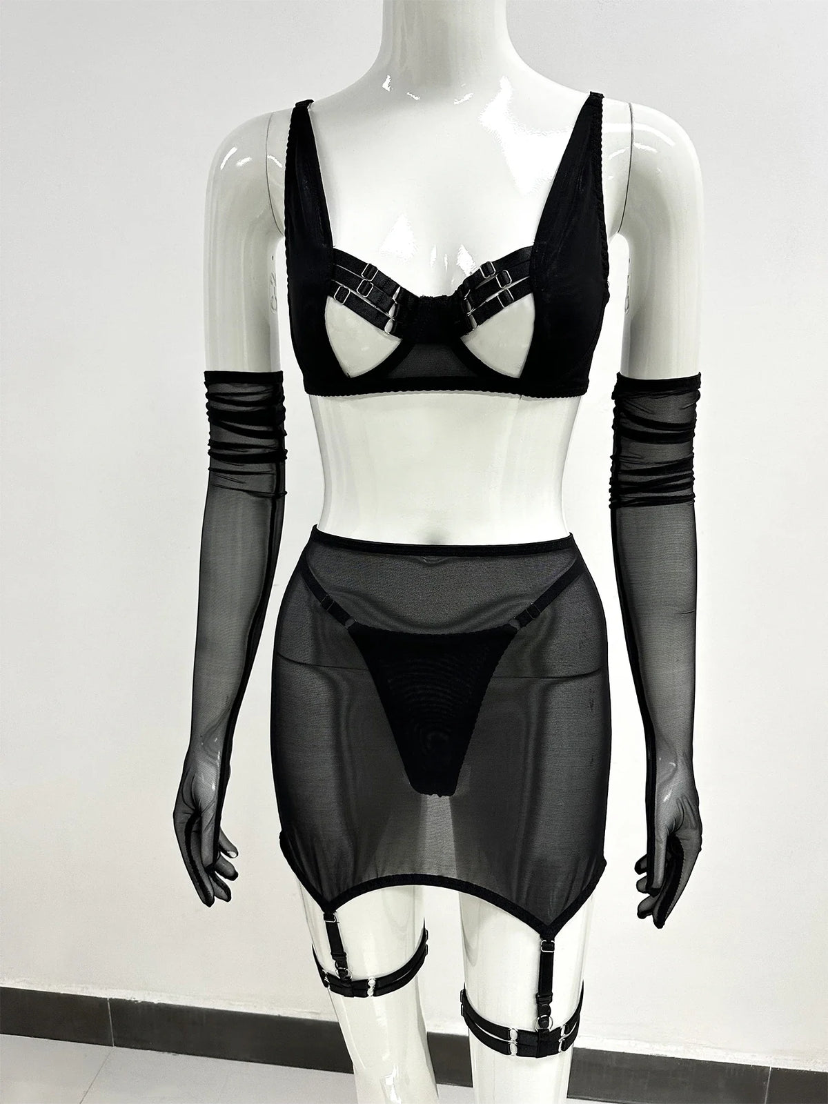 Sensual Lingerie Cut Out Bra Garter Lace Up Bandage Sissy Underwear 4-Piece Exotic Sets Transparent Mesh Intimate