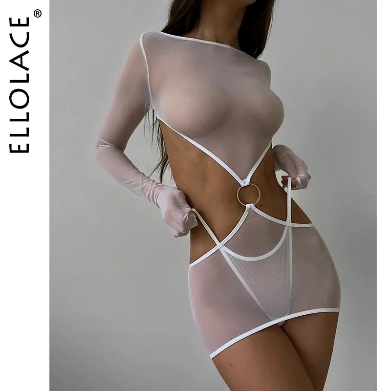 Sensual Lingerie Transparent Babydoll Sheer Mesh Cutout Waist Dress Hot Porn Outfit Uncensored Tulle Erotic Costume