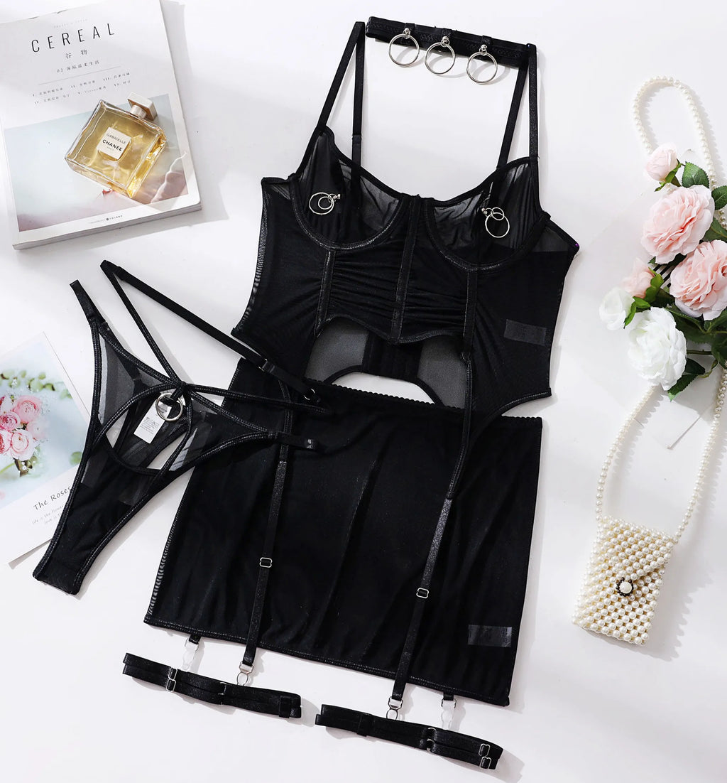 Ruffle Erotic Lingerie Transparent Lace Fancy Underwear Lifting Bolt Sensual Outfit Sheer Mesh Sissy Exotic Sets