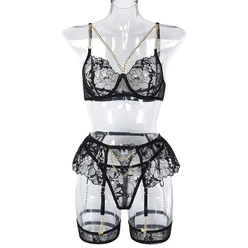 Ellolace Lingerie Luxury Lace Female Underwear Sexy Transparent Bra Panty Sets With Chain Fancy See Through Exotic Sets 4-Piece