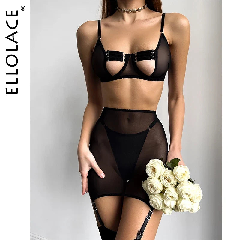 Sensual Lingerie Cut Out Bra Garter Lace Up Bandage Sissy Underwear 4-Piece Exotic Sets Transparent Mesh Intimate