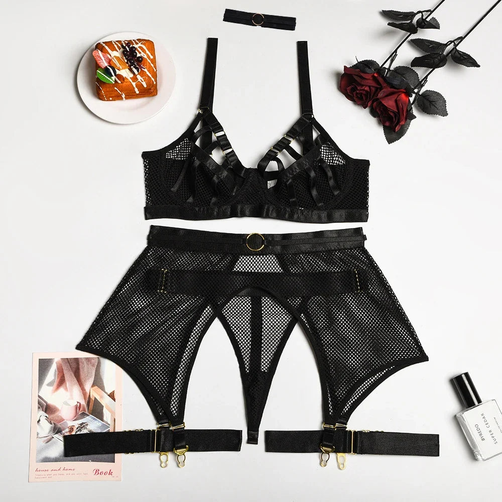 Sexy Hot Lingerie Luxury Hollow Out Exotic Sets With Garters Half Cup See Through Transparent Bra Underwear Women Set