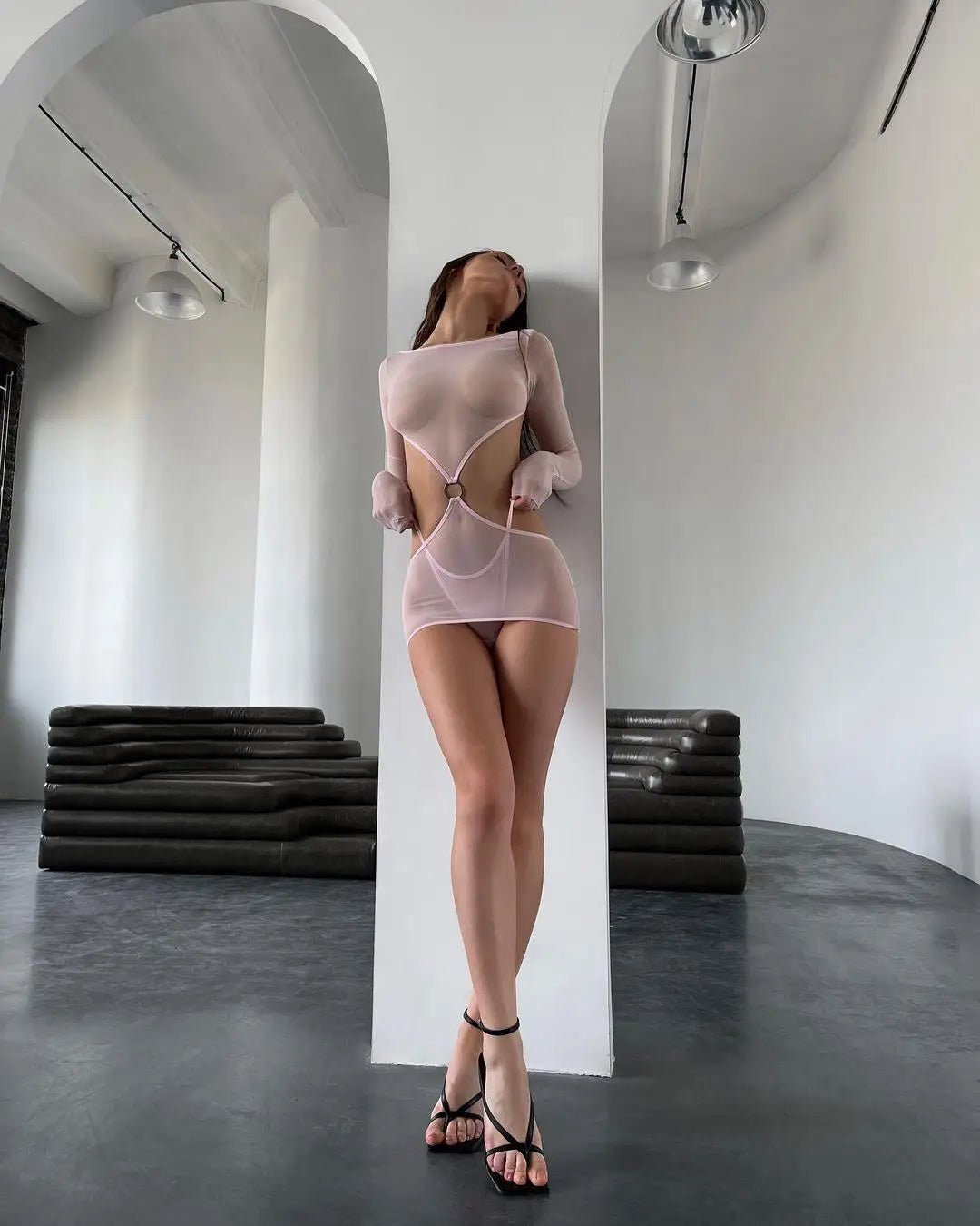 Sensual Lingerie Transparent Babydoll Sheer Mesh Cutout Waist Dress Hot Porn Outfit Uncensored Tulle Erotic Costume
