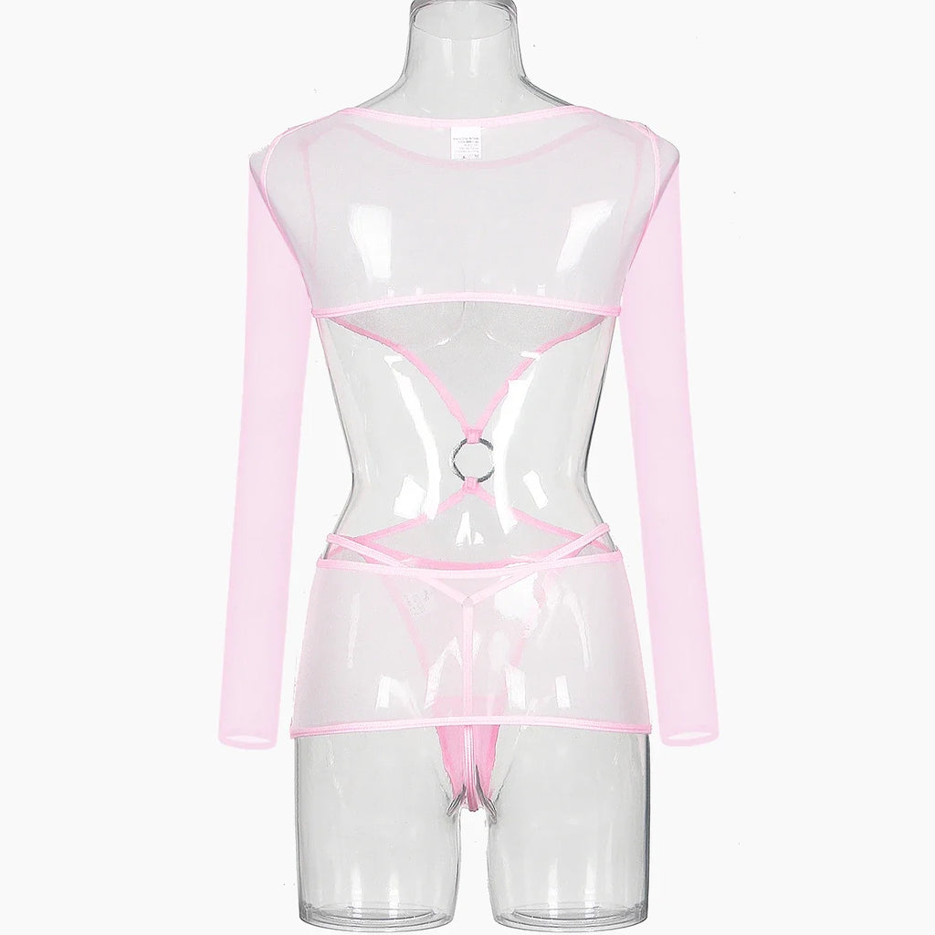Sensual Lingerie Transparent Babydoll Sheer Mesh Cutout Waist Dress Hot Porn Outfit Uncensored Tulle Erotic Costume