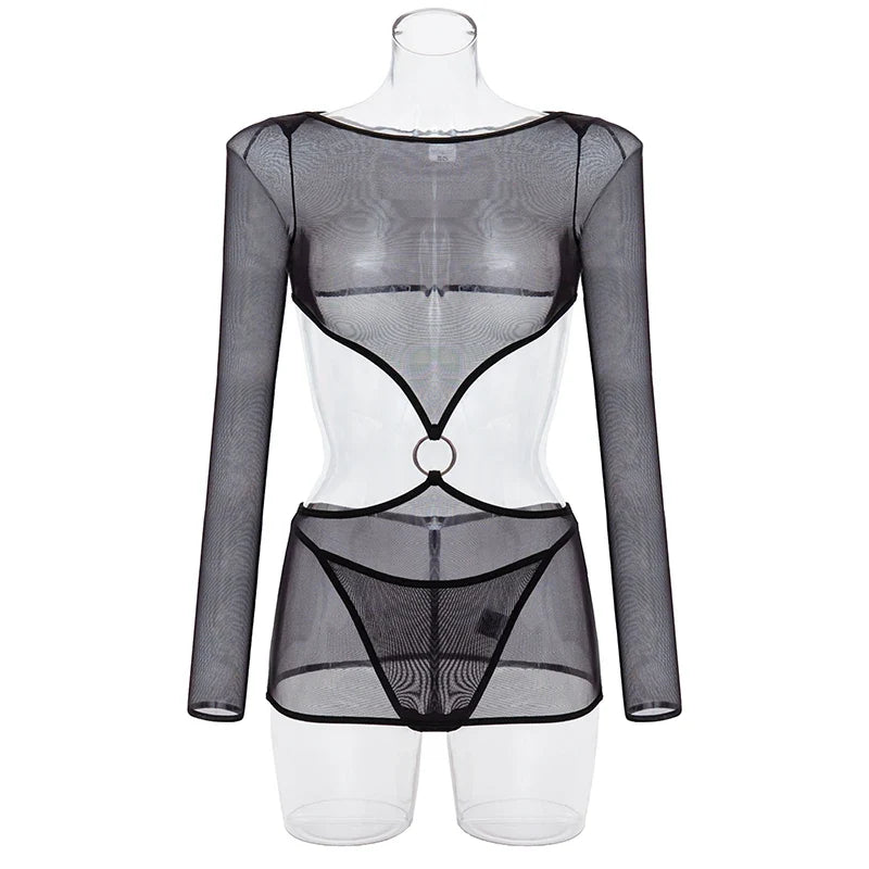 Sensual Lingerie Transparent Babydoll Sheer Mesh Cutout Waist Dress Hot Porn Outfit Uncensored Tulle Erotic Costume