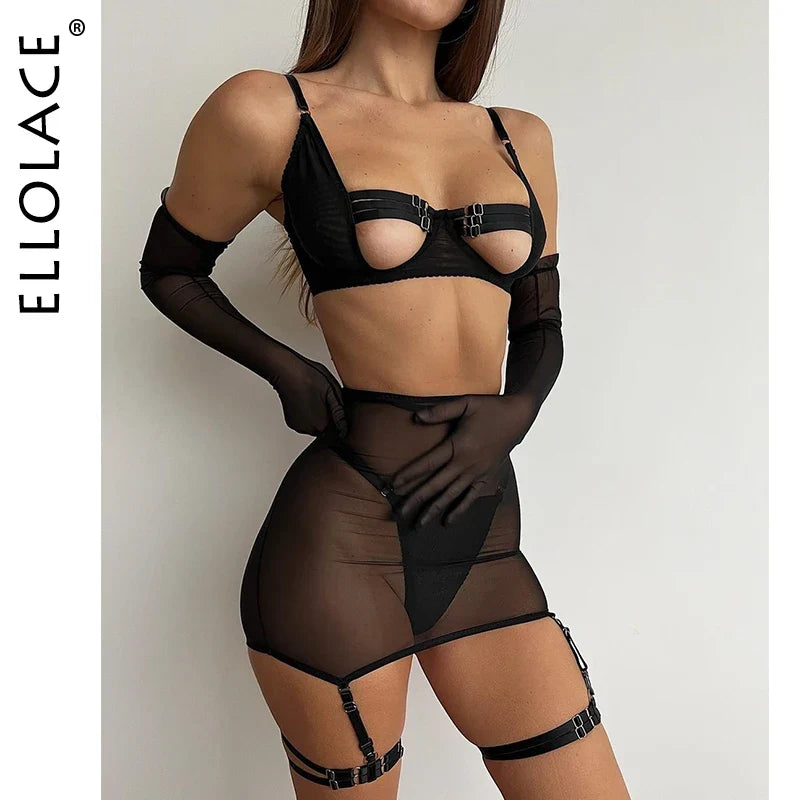 Sensual Lingerie Cut Out Bra Garter Lace Up Bandage Sissy Underwear 4-Piece Exotic Sets Transparent Mesh Intimate
