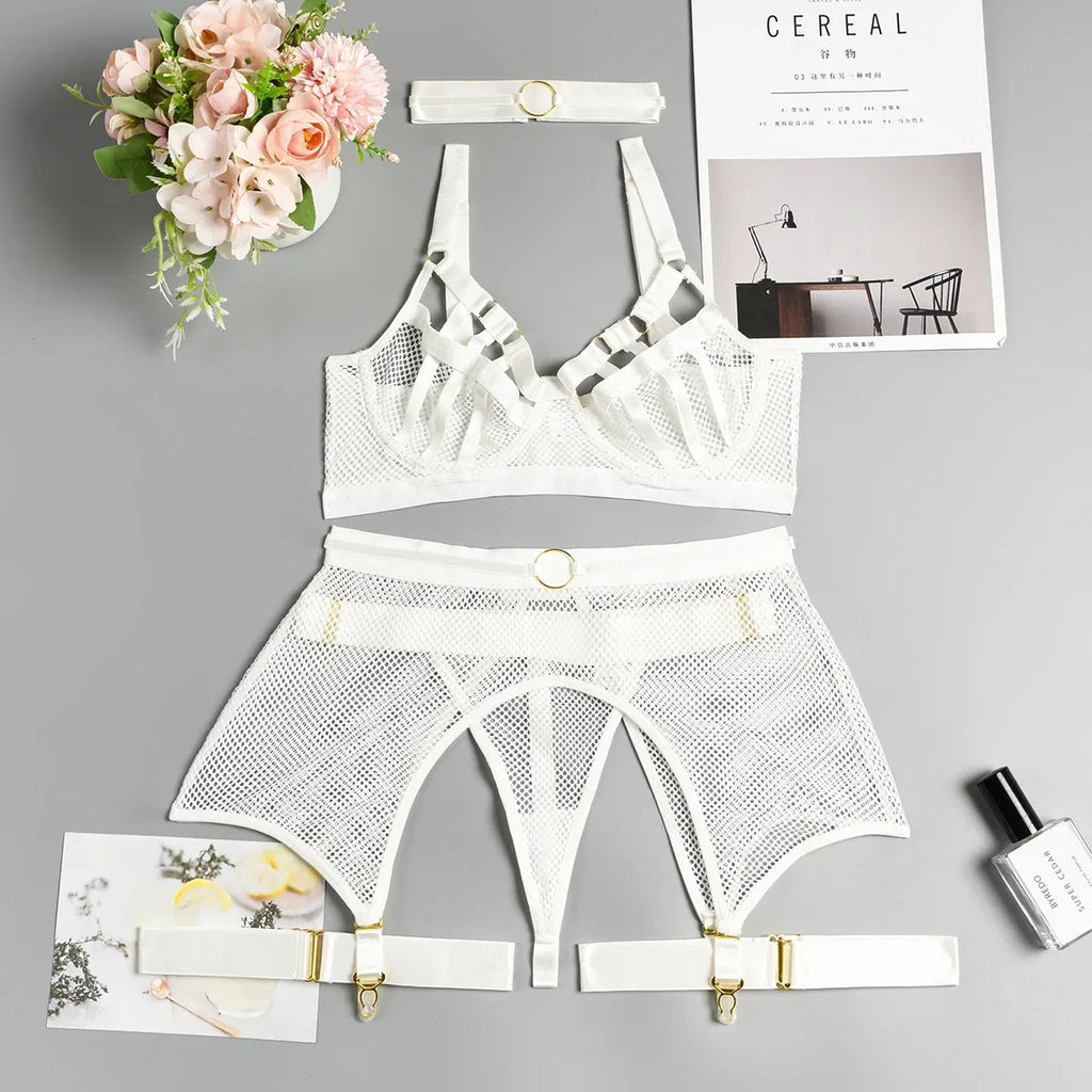 Sexy Hot Lingerie Luxury Hollow Out Exotic Sets With Garters Half Cup See Through Transparent Bra Underwear Women Set