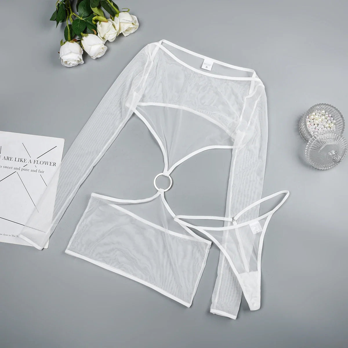 Sensual Lingerie Transparent Babydoll Sheer Mesh Cutout Waist Dress Hot Porn Outfit Uncensored Tulle Erotic Costume
