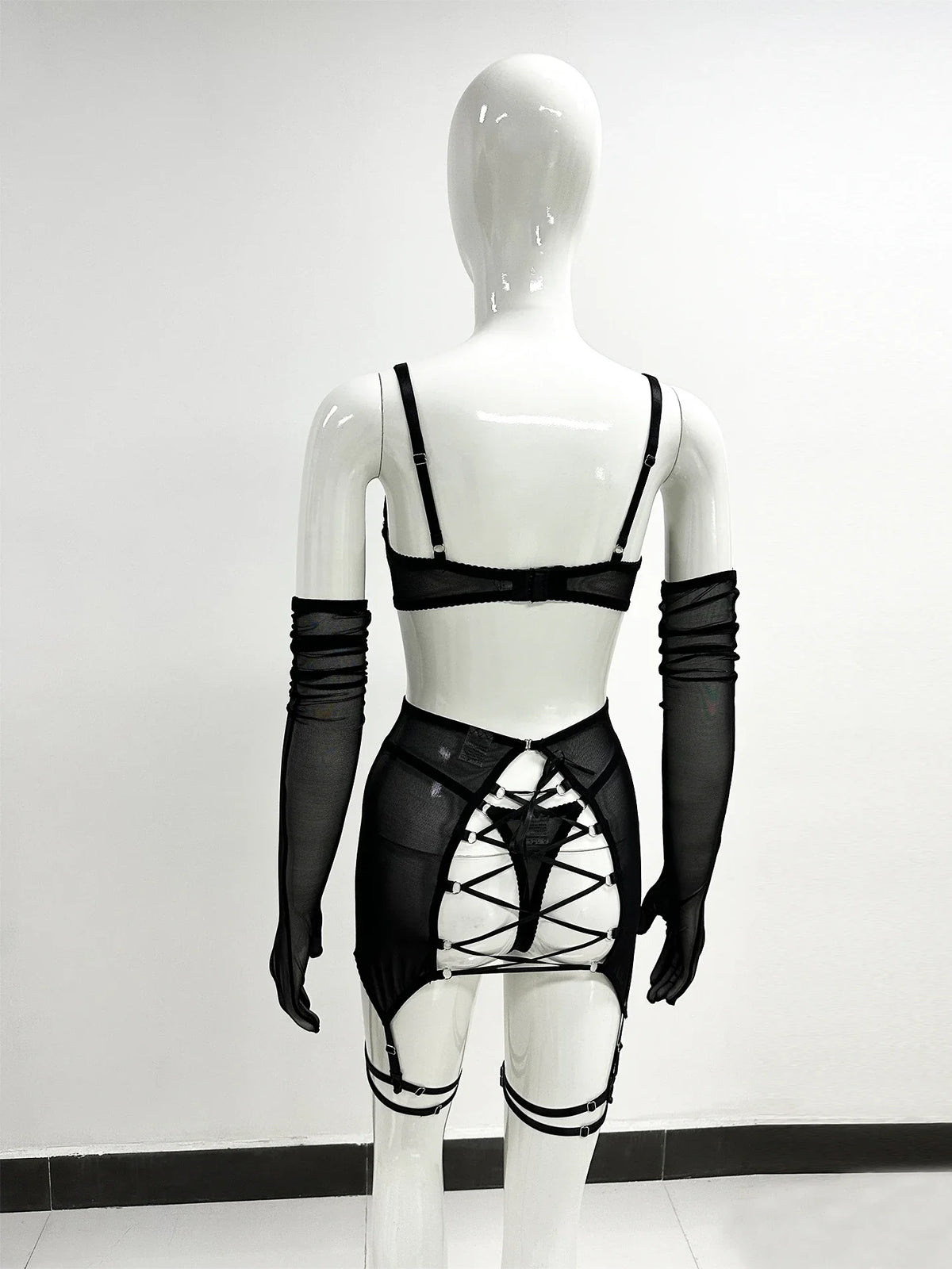 Sensual Lingerie Cut Out Bra Garter Lace Up Bandage Sissy Underwear 4-Piece Exotic Sets Transparent Mesh Intimate
