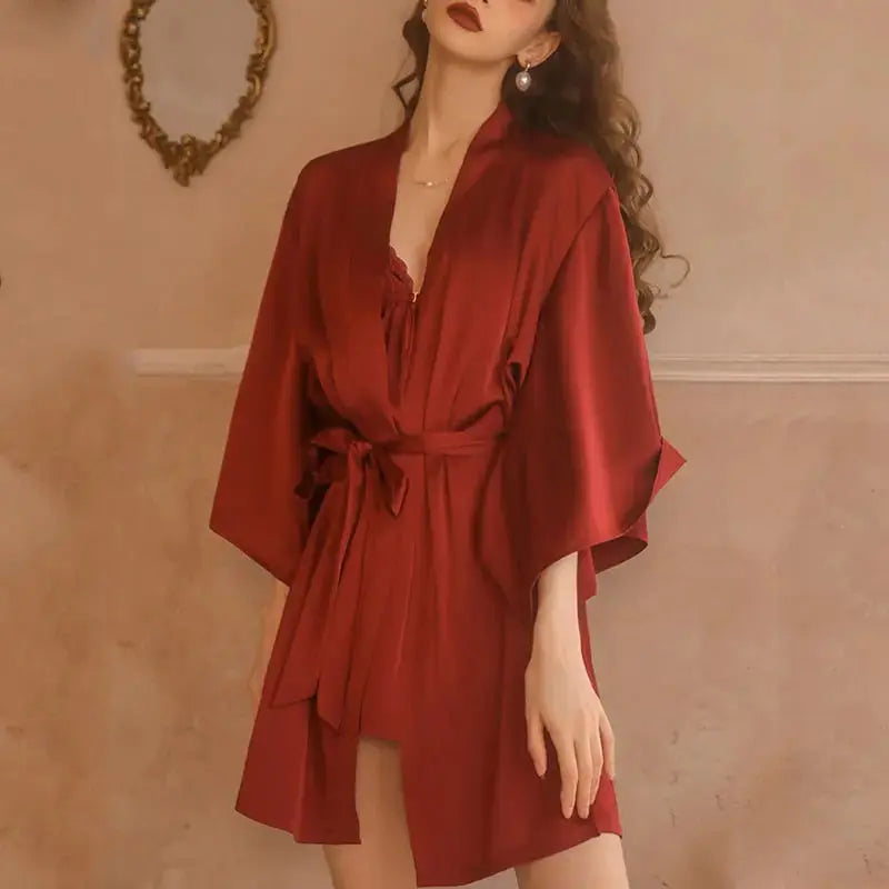 Satin Serenity - Red CINOON Chemise and Robe Set