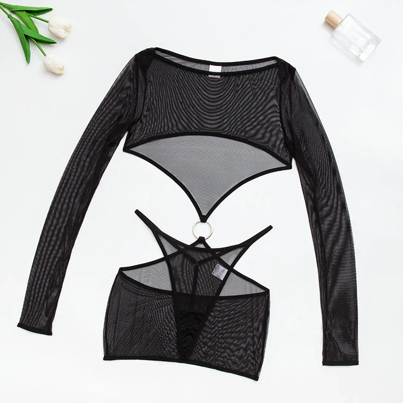 Sensual Lingerie Transparent Babydoll Sheer Mesh Cutout Waist Dress Hot Porn Outfit Uncensored Tulle Erotic Costume