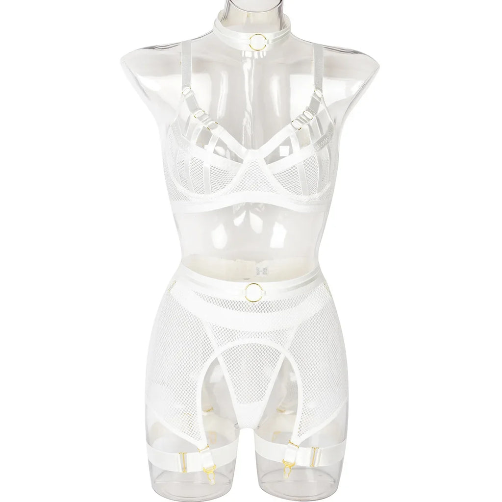 Sexy Hot Lingerie Luxury Hollow Out Exotic Sets With Garters Half Cup See Through Transparent Bra Underwear Women Set